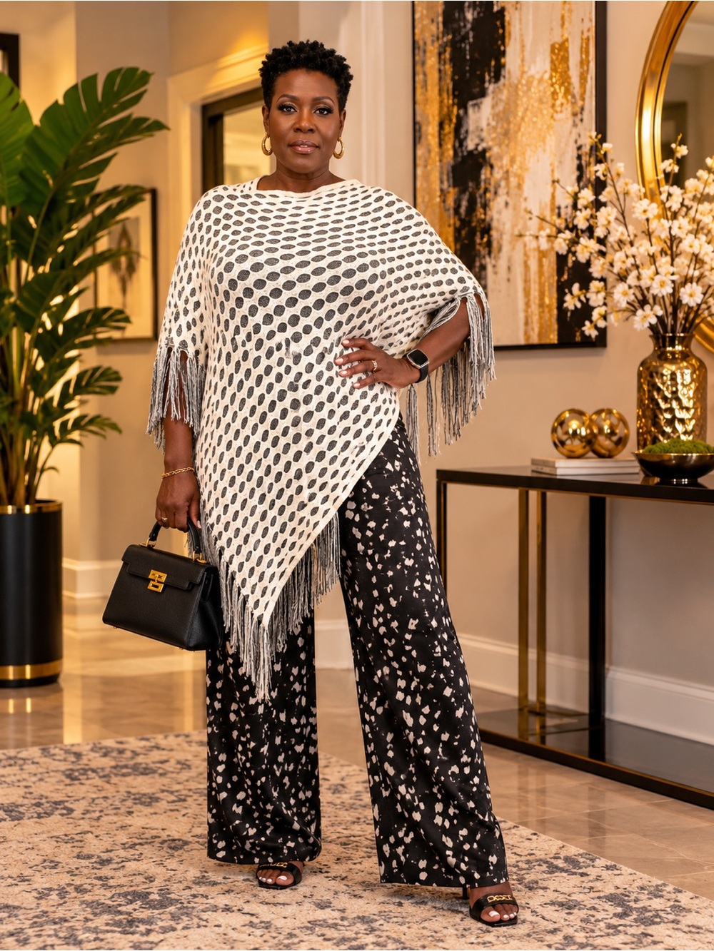Max Edition Black & White Printed Wide-Leg Pants with Fringe Poncho